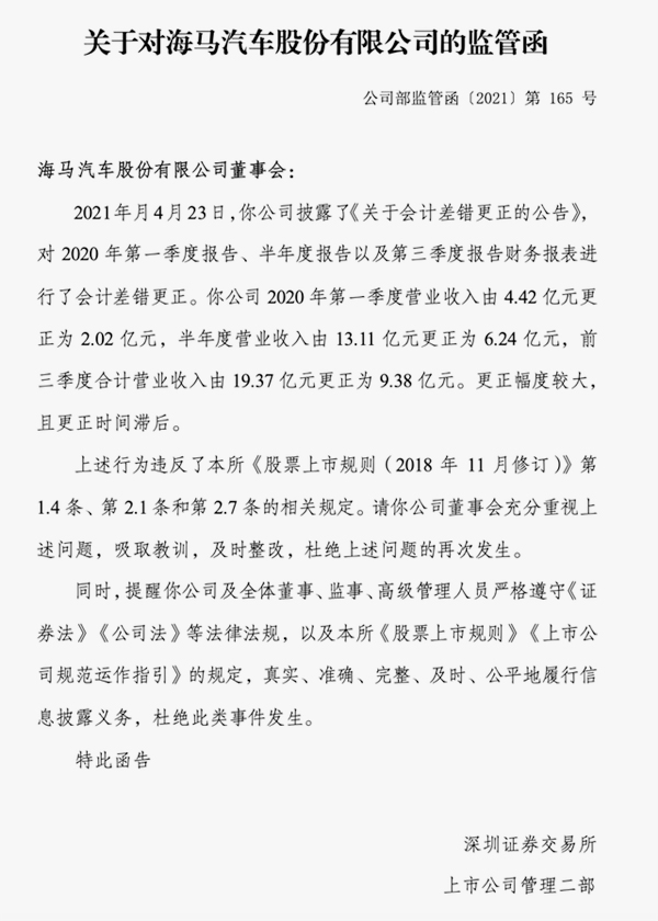 一年三份“虚假财报”？一车企再收监管函(图1)